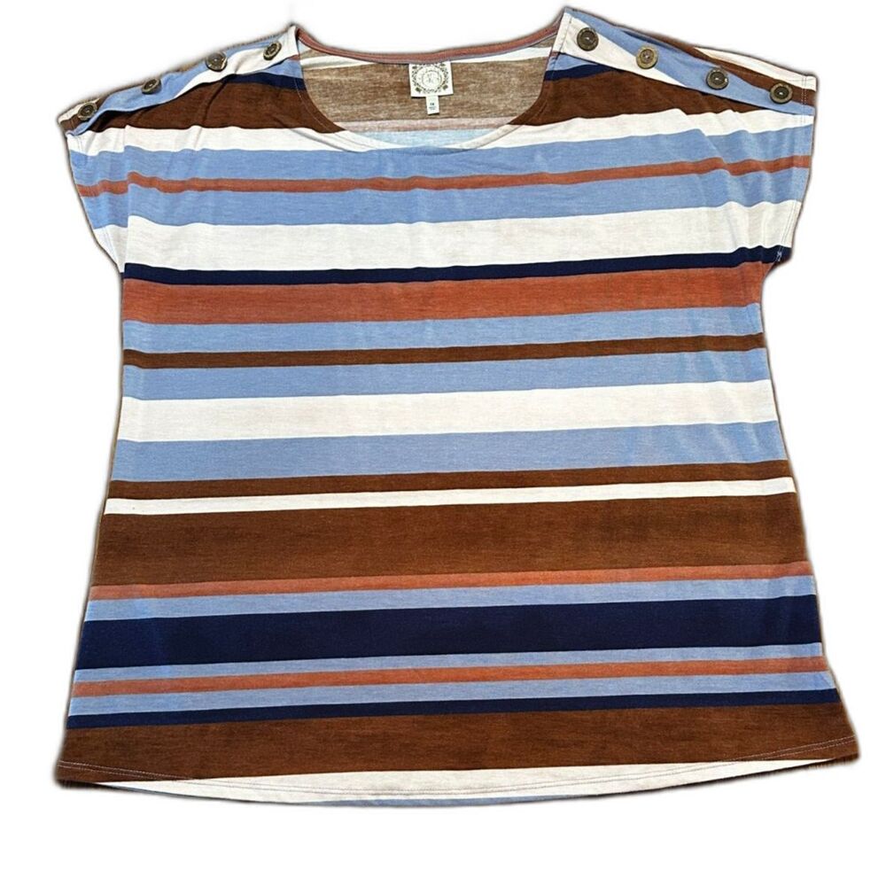 Truself Womens 1X Multi-Color Striped Short Sleeve Striped Brown Blue Crew Neck